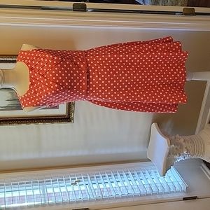 Signature Darby coral white polka dot Fit & Flare sleeveless belted dress 4 EUC…